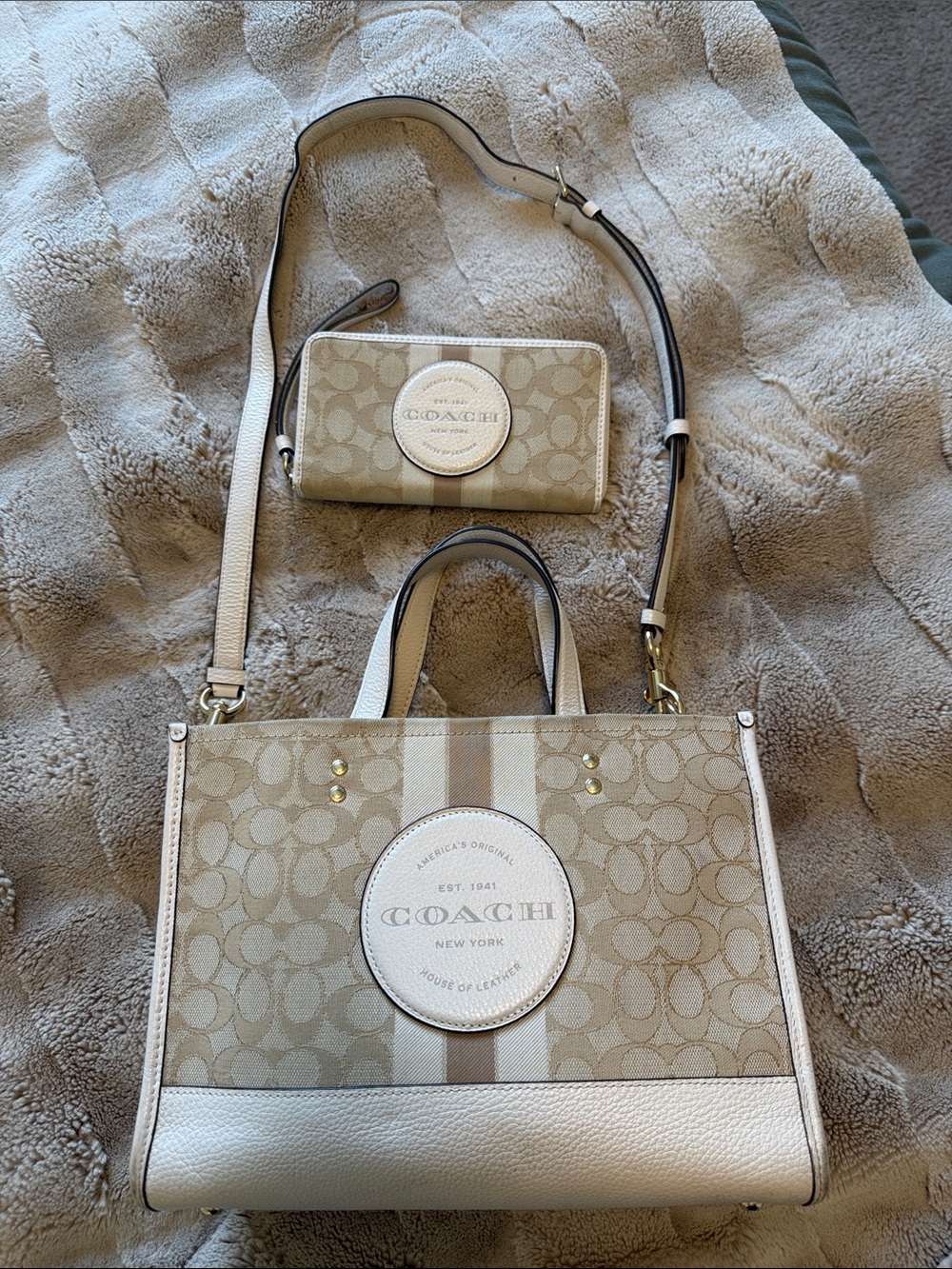 Coach Beige Signature Canvas Tote with Wristlet and Stripe Accent